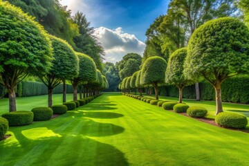 Serene and lush green carpet grass smooth lawn stretches towards a row of perfectly manicured bushes and majestic trees standing tall in the background.
