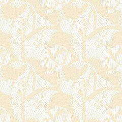 Fototapeta premium Modern white on cream lace effect wedding background texture. Soft tonal linen openwork block print with subtle hand drawn lattice damask printed fabric backdrop. 
