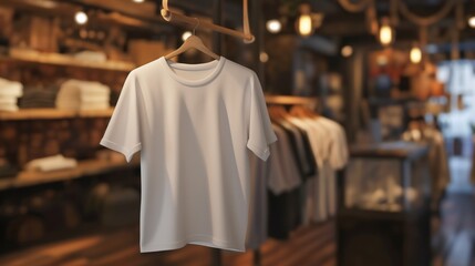 Fototapeta premium White t-shirt on a hanger in a cozy clothing boutique with blurred background, showcasing warm lighting and wooden interior for a casual shopping vibe