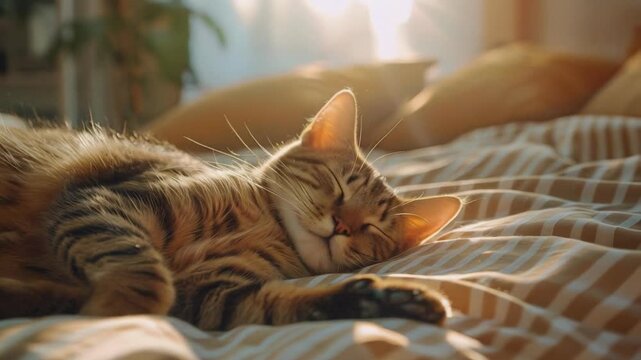 A sweet tabby cat dozes peacefully on a soft bed, basking in the warm golden light of a sunny afternoon
