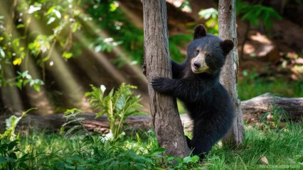 Obraz premium A small black bear cub climbing up a tree in the woods, AI