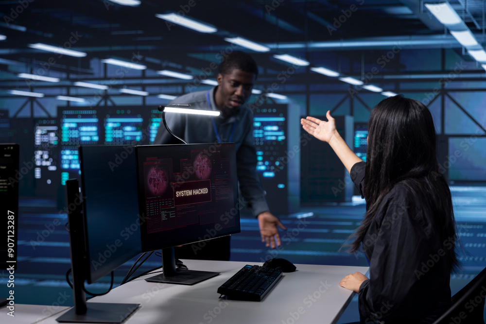 Poster woman in server farm calling coworker for help, trying to protect gear from hacker stealing informat