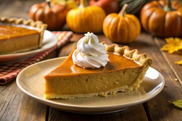 Autumnal delight: a warm slice of traditional pumpkin pie with golden crust, topped with a dollop of creamy whipped cream, perfect for Thanksgiving dinner.