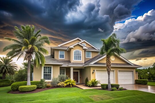 A upper middle class home in florida storm damage ,generative ai.