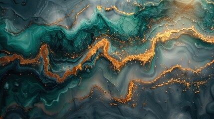 Fototapeta premium A high-resolution background featuring a green and gold marble texture. The design includes liquid ink paint effects and a luxurious stone pattern, creating a modern and elegant look