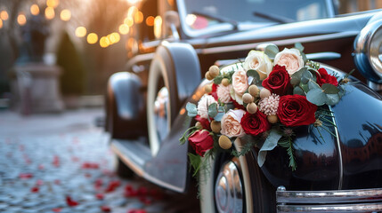 A vintage car with a bouquet of flowers on the hood
