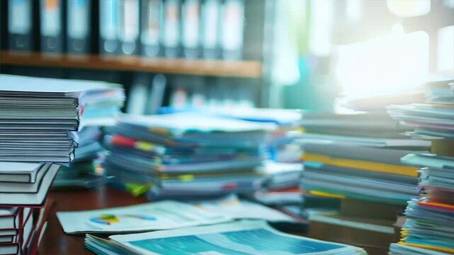 Stack of documents on a cluttered office desk with a computer and stationery items in the background.mov