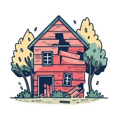 Red cartoon house damages cracks, surrounded green trees. Illustration damaged house after storm, debris around it. Colorful artwork depicting rundown red wooden needing repair