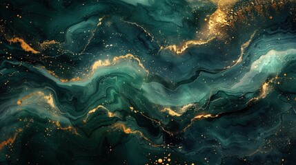 A luxurious green and gold abstract background featuring marble and liquid ink textures. The design includes dark emerald hues and golden highlights, perfect for a modern artistic touch