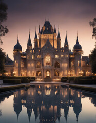 Fototapeta premium An opulent palace with towering spires and graceful arches, glowing softly in the evening light, surrounded by a tranquil water feature that mirrors its intricate details and grandeur. 