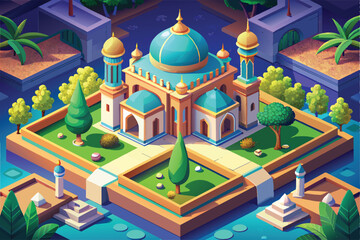 Cartoon Islamic mosque background vector illustration. Happy Eid Mubarak, Ramadan Kareem greetings.