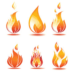 Six different stylized fire flame icons set against isolated white background, graphic design elements shades orange red. Vector illustrations flames suitable logos, symbols, elemental design