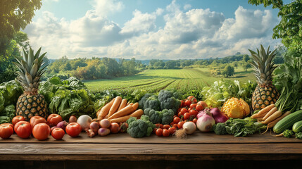 vegetables and fruits. Variety of fresh vegetables on a table with a landscape view