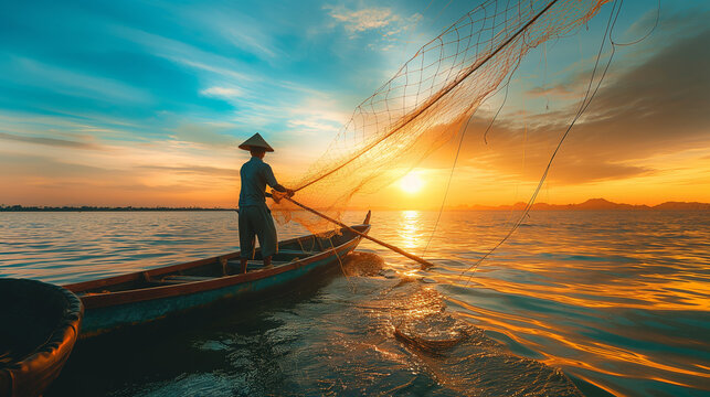 Fisherman casting net at sunset, serene lake, golden hour, traditional fishing, tranquil water, nature scene, silhouette, reflection, orange sky, peaceful evening