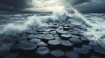 Stormy sea crashing over hexagonal rock formations.