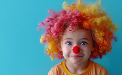 Portrait child funny clown disguise curly wig red nose, making funny face against colored background