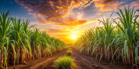 Sunset illuminating sugarcane field with long, slender leaves and stalks, sunset, sugarcane, field, leaves, stalks, agriculture