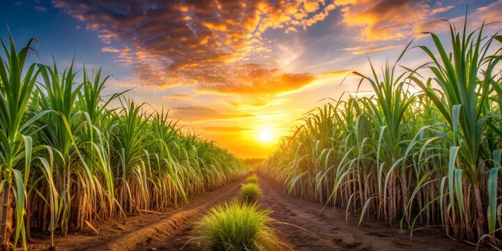 Sunset illuminating sugarcane field with long, slender leaves and stalks, sunset, sugarcane, field, leaves, stalks, agriculture