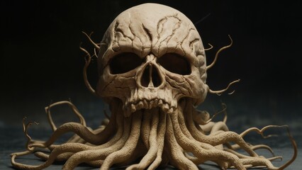 Fototapeta premium A skull with tentacles growing out of it's head, AI