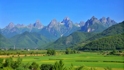 Obraz premium A beautiful landscape of mountains with lush greenery, towering peaks, and a clear blue sky , mountains, landscape, nature