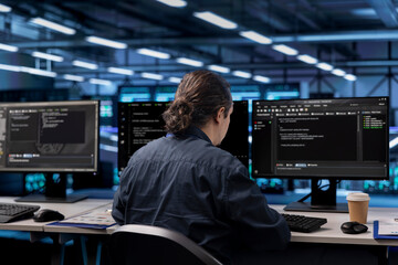 Programmer in server farm establishment ensuring data remains shielded from potential threats....