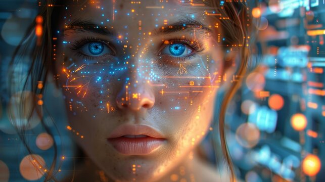 Futuristic digital face with data overlay - generative ai