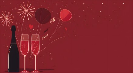 Chinese New Year elements. The illustration has a red color scheme, with fireworks, balloons, champagne celebration