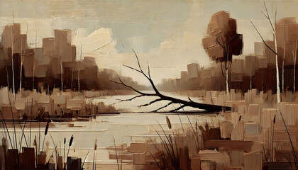 Abstract Riverbank Scene with Fallen Tree, oil painting to hang on the wall, oil painting for interior, home decoration, Digital Oil Painting of a Tranquil Riverbank, Modern Art Serene Water Landscape