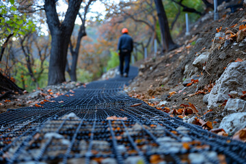 Geogrids on road bases, road construction and reinforcement are covered with fine gravel