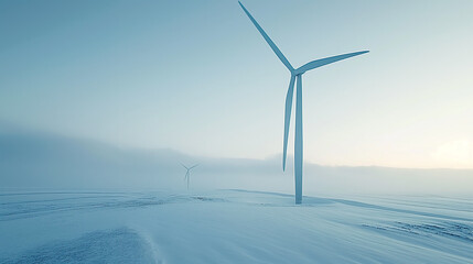 Wind turbine on snowy landscape, renewable energy concept, sustainable power generation, winter scenery, eco-friendly technology, wind power, clean energy.