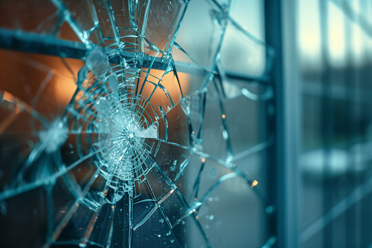 Close-up of a glass window cracked by a heavy impact