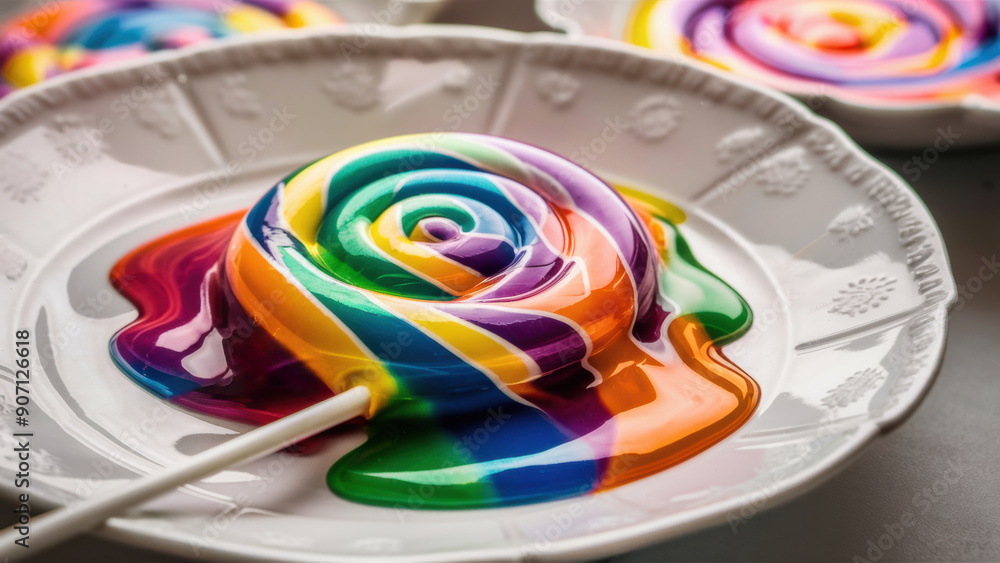 Wall mural a white plate with a rainbow colored candy on it, ai