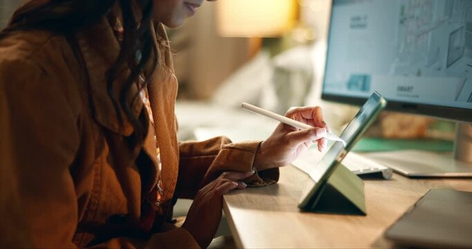 Graphic designer, tablet and working in house for design, website and logo for company project. Woman, technology and drawing or writing at night for social media, branding and infographics with ui