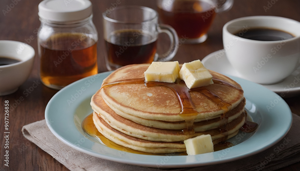 Wall mural stack of pancakes with syrup and butter. cup of coffee on the side.