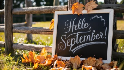 A black and white sign with a hello september written on it, AI