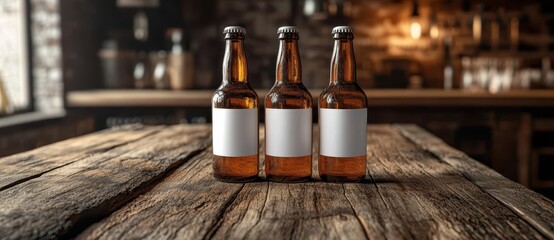 Three blank white label beer bottles on wooden table, 3d rendering with copy space mock up