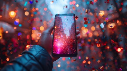 Celebratory confetti with smartphone - generative ai