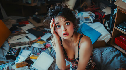 Young Woman in Floral Dress with Shocked Expression Sitting in a Messy Room, Highlighting Chaos and Disorganization in Personal Space