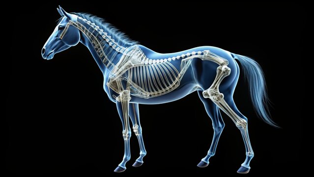 Detailed X-ray image of a horse's skeletal system, showcasing the intricate bone structure of its legs, torso, and head in a grayscale medical illustration.