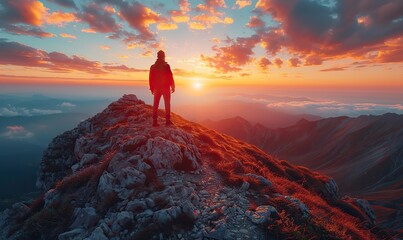 Fototapeta premium A young businessman in a casual suit stands triumphantly at the peak of a mountain at sunset, embodying the vision of success.