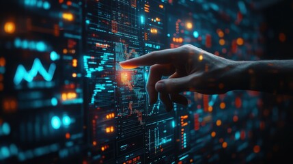 A close-up view of a person's hand pointing at a glowing digital interface filled with intricate data charts and graphs.

