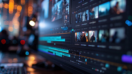 A computer monitor that displays a video editing timeline with various video clips arranged sequentially