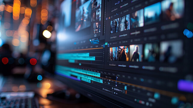 A computer monitor that displays a video editing timeline with various video clips arranged sequentially