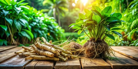 Vibrant green freshly harvested Iboga plants with exposed roots lie scattered on a rustic wooden table, surrounded by lush tropical foliage and warm natural light.
