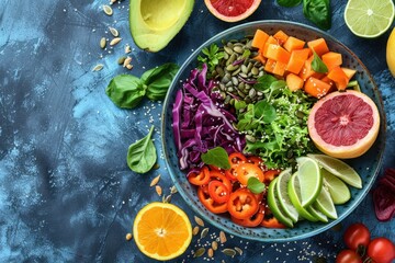 Fresh and colorful mixed salad with fruits, vegetables, and seeds, top view