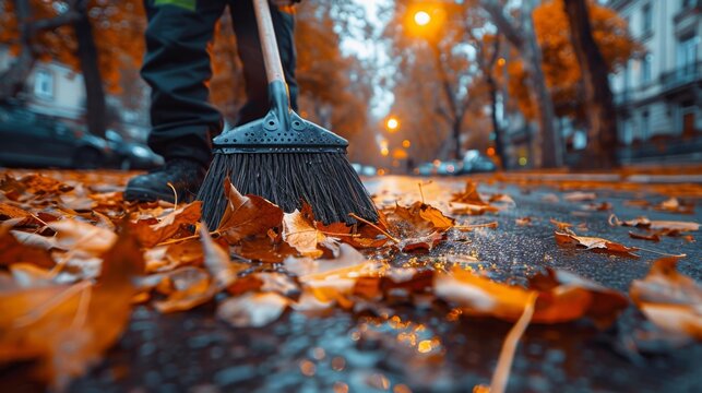 Sweeping fallen leaves on wet street - generative ai