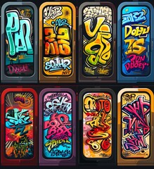 There are four subway trains with graffiti on them