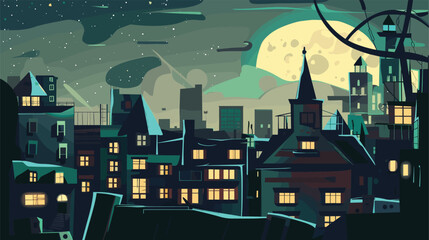 Moonlit night cityscape, stars twinkle, full moon over urban skyline. Dark buildings, glowing windows, mysterious atmospheric town. Fantasy city, eerie night, magical urban landscape under moonlight © Vectorvstocker