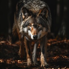 Obraz premium Wild Majesty: A Powerful Wolf Portrait Amidst a Dramatic Wildlife Backdrop, Capturing the Essence of Untamed Nature