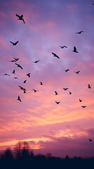 Silhouettes of Birds in Flight Against a Twilight Sky: An Image Capturing the Serenity and Freedom of Nature